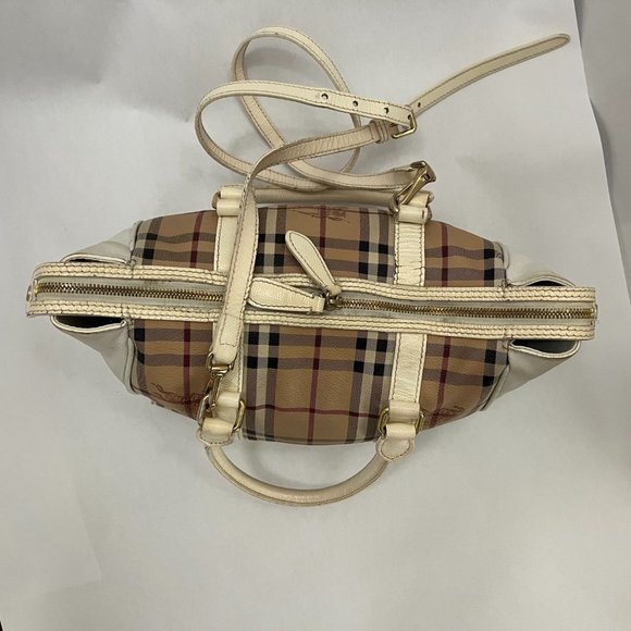 BURBERRY HAYMARKET PATENT COLOURS MEDIUM CHATTON CHECK TOTE WHITE - Picture 12 of 16